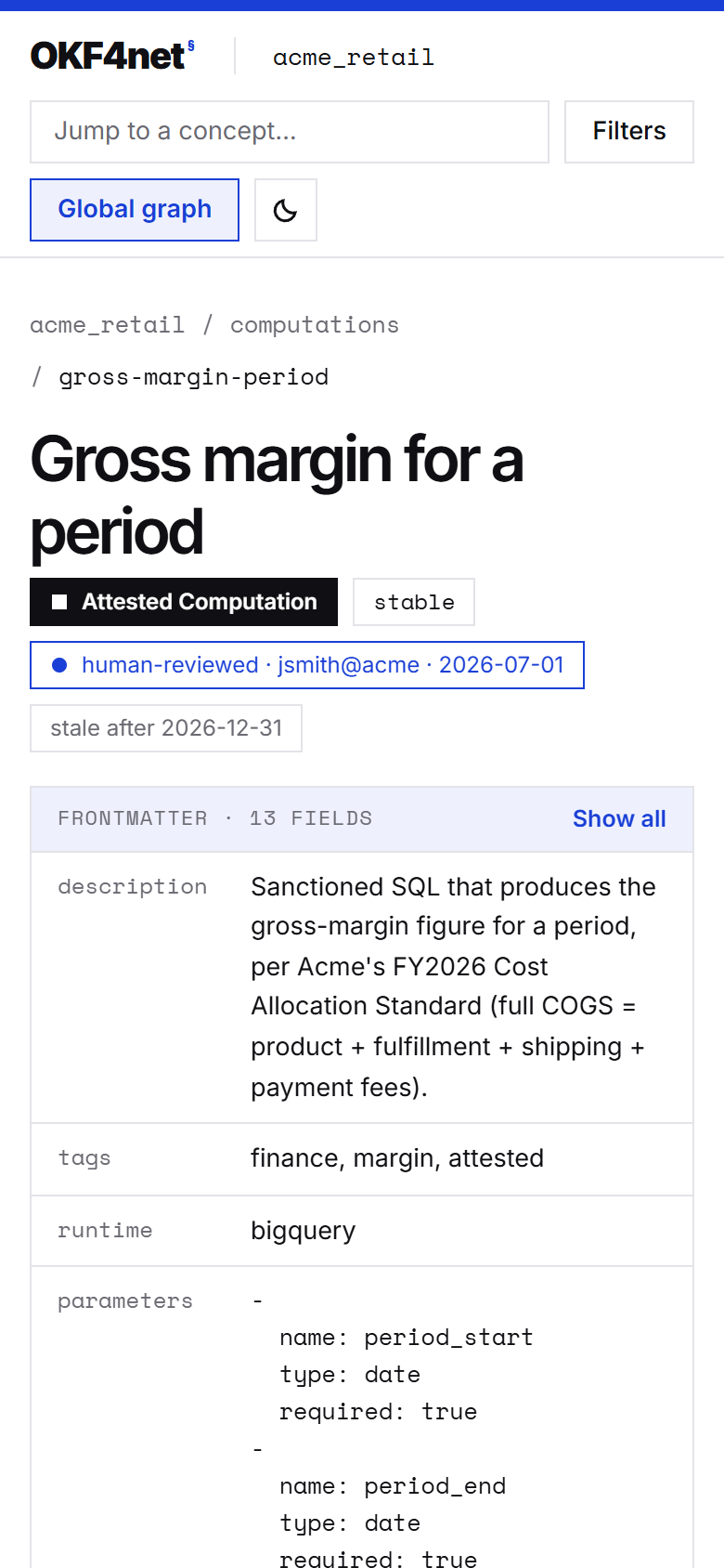 A concept page at the width of a phone: the header wraps onto three rows, then the breadcrumb, the title, the chips and the frontmatter box in one column.