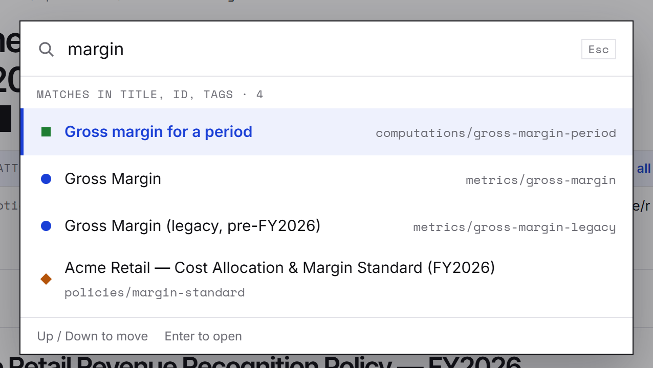 The "Jump to" palette open over a concept page with the query "margin": four matching concepts, each with its type shape, title and id, the first one highlighted.